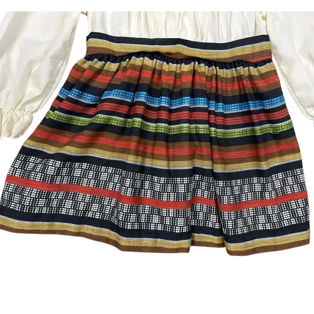 Vintage 70's Girl's Dress Smocked High Neck Serape Stripe Long Sleeve Floral